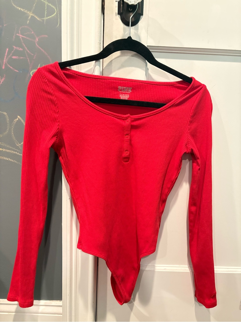 PINK Victoria's Secret Red Ribbed Long-Sleeve Henley Bodysuit